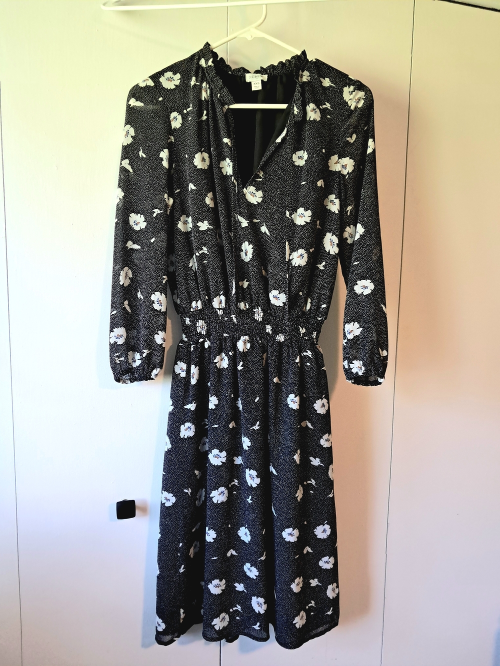 J.Crew Black Floral Print Long Sleeve Midi Dress